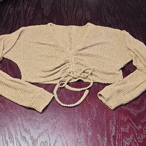 Textured Knit Cropped Tie-Front Top in Camel